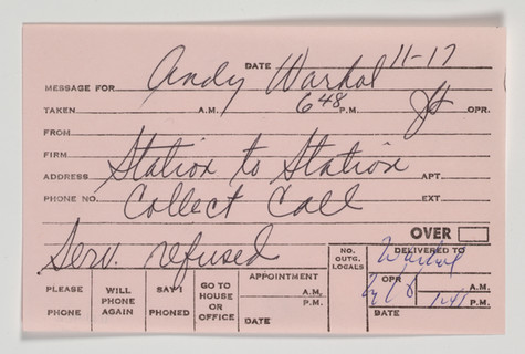 Pale pink pre-printed telephone message card, with handwritten information about a collect call received on November 17 at 6:48pm.