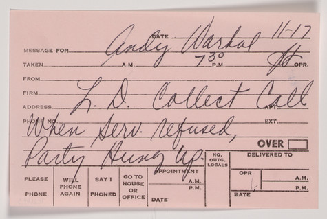 Pale pink pre-printed telephone message card with handwritten information about a collect call received and refused on November 17 at 7:30pm.
