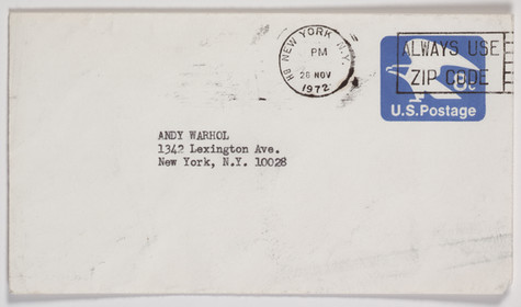 A white envelope addressed to Andy Warhol's home address, postmarked November 26, 1972.