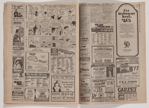 Black and white newspaper supplement from the New York Daily News, dated Monday, June 10, 1974. Left page shows three comic strips and other miscellaneous advertisements. The right page shows advertisements for movies, restaurants, stereo equipment, etc.