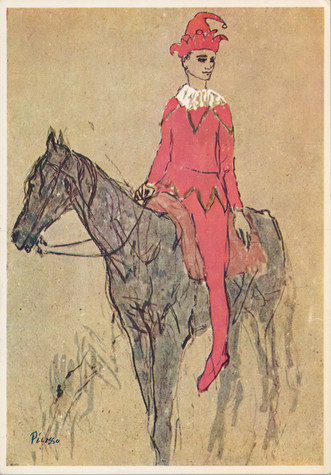 Front of a postcard featuring an image of Pablo Picasso’s painting “Harlequin on Horseback.” A man in a red harlequin costume with a pointed hat sits astride a blue-gray horse.