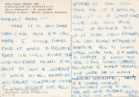 Handwritten note on the back of a postcard signed simply “Bill,” detailing the sender’s new opportunity for a touring jazz ballet company and expressing good wishes to Warhol, his mother, and the cats.