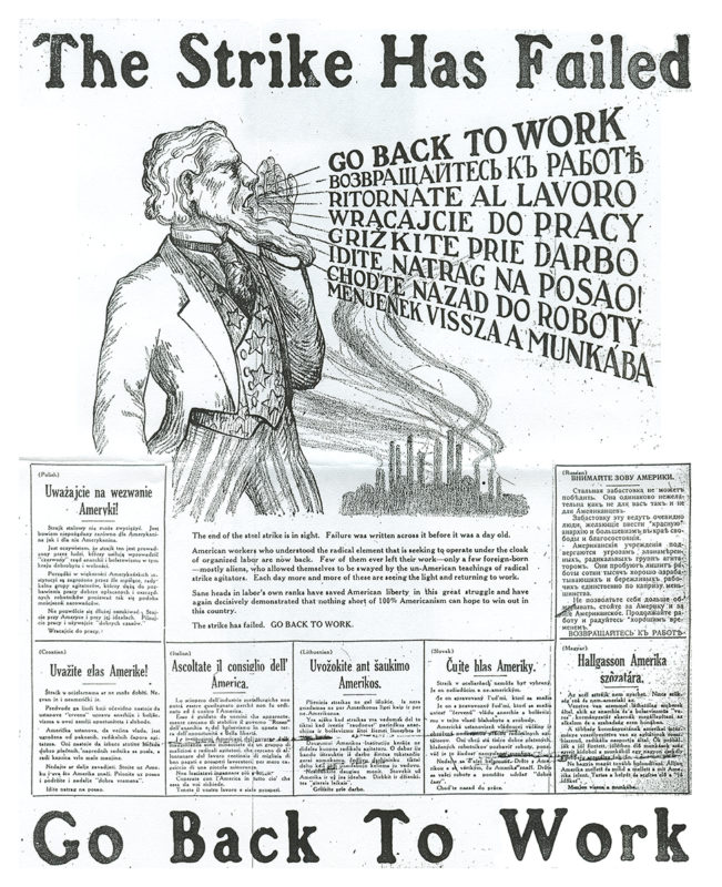 Scan of newspaper ad with the headline “The Strike Has Failed.” The ad features an illustration of Uncle Sam with a skyline of factories and smoke plumes in the background.