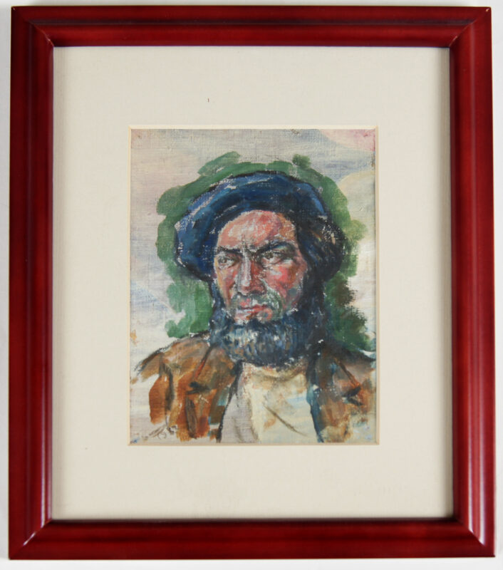 Front view of framed portrait painting of a bearded man.