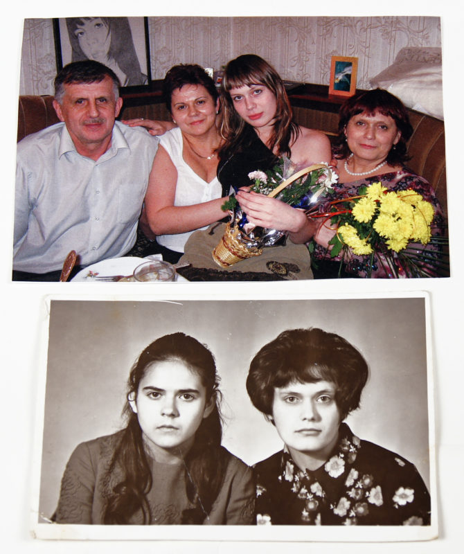 Front view of two family photos. The top photo is in color, and features one man and three women facing the camera, all with dark hair. The bottom photo is in black and white and features two women with dark hair, facing the camera.