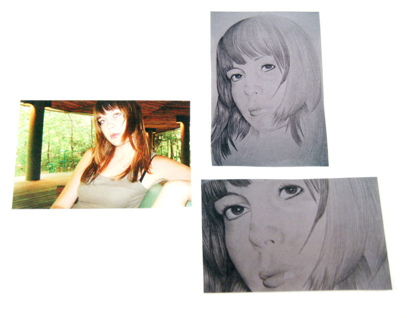 Front view of an original photo of a woman next to a pencil-drawn portrait, and close-up, recreating the photo. In the photo, a woman with long brown hair is seated, with greenery behind her.