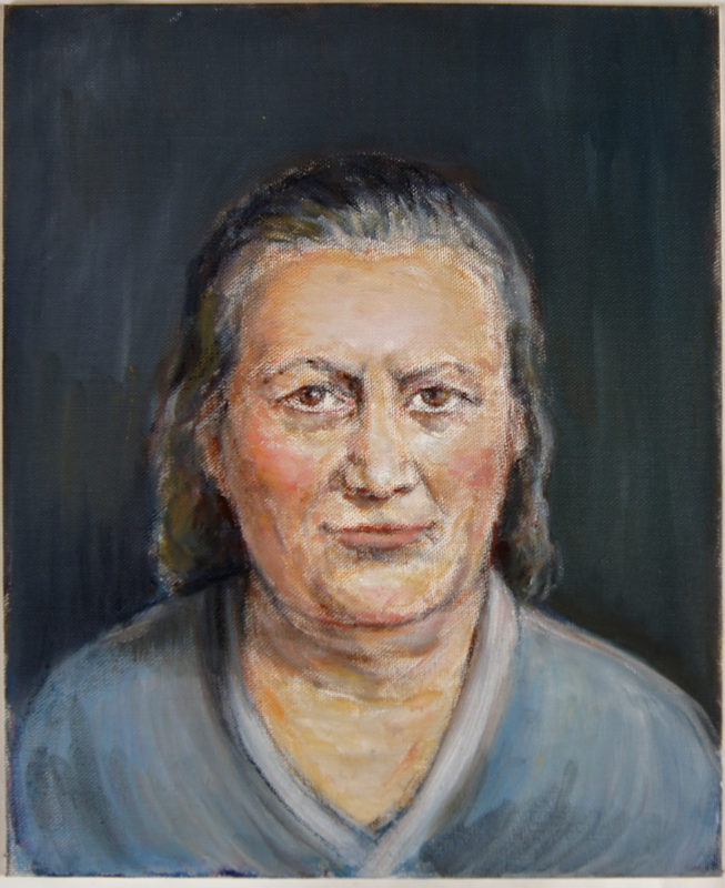 Front view of painting of middle-aged woman with shoulder-length, gray hair, wearing a light-blue top.