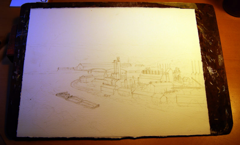 Photo of a pencil sketch on sketch paper. The sketch features industrial buildings next to a river.