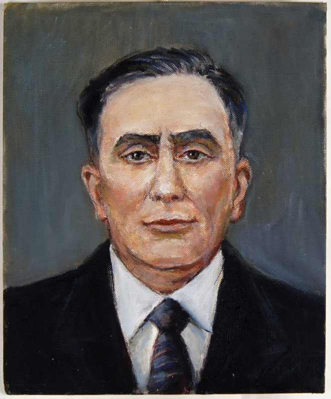 Front view of a painting of a middle-aged man with short, dark hair, wearing a black suit with a white shirt and gray tie.