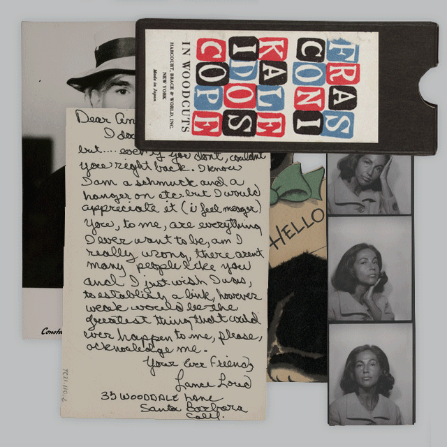 Items collected by Andy Warhol including photographs, ticket stubs, and letters.