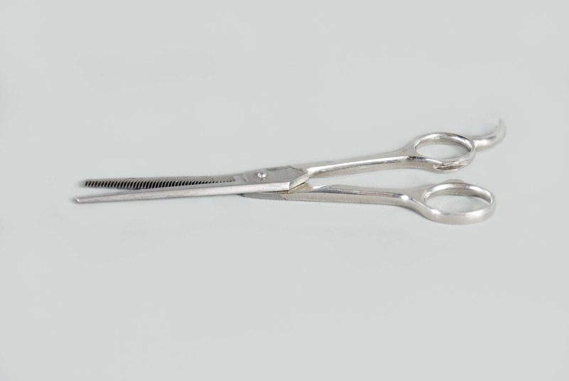 Front view of metal thinning scissors.