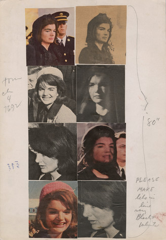 Eight photos of Jacqueline Kennedy Onassis arranged on a paper containing handwritten notes