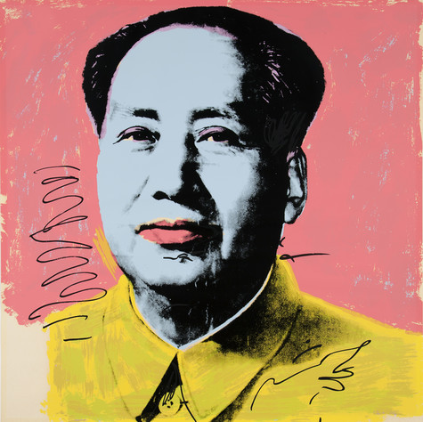 This silkscreen print depicts Mao Zedong with a pale blue face and slicked back black hair. His jacket is painted yellow and his lips are painted pink. He is on a matching pink background. There are a few hand drawn lines on both the left and right side of the portrait.