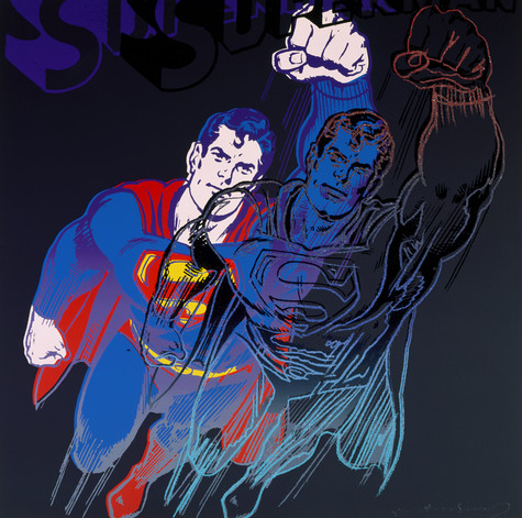 A double image silkscreen print of the comic book superhero Superman in flight, one image is solid, the other is outlined only with diamond dust accents. It is a multi-color print (grey, blue, red, purple, peach, and black, and additional shades and hues mixed during the printing process).