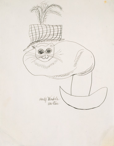 An ink drawing of a reclining cat wearing a hat with a feather. “Andy Warhol's Mother is written in cursive on the lower left hand side.