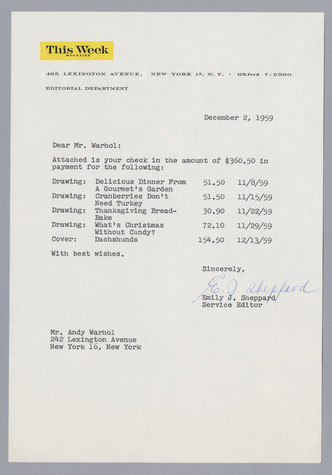 A receipt from This Week Magazine to Andy Warhol, dated December 2, 1959, detailing payment for four drawings and a cover.