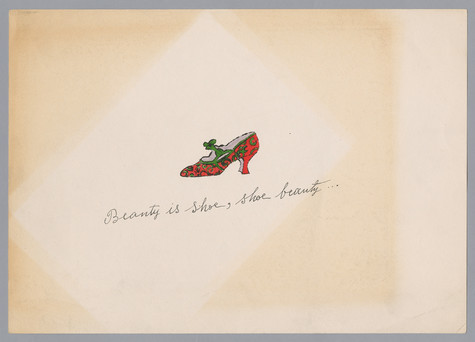 A blotted-line lithograph print of a red high-heeled shoe with green pattern and strap.The phrase Beauty is shoe, shoe beauty” is written in cursive under the shoe.