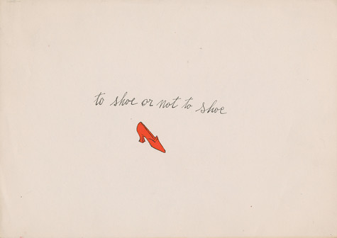 A blotted-line lithograph print of a small red high heeled shoe. The phrase “To Shoe or Not to Shoe is written in cursive under the shoe.