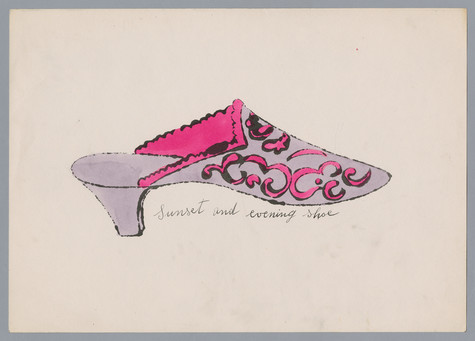 A slip on shoe with a slight heel decorated with watercolor. The shoe is purple with hot pink decoration. The phrase “sunset and evening shoe” is written in cursive under the shoe.