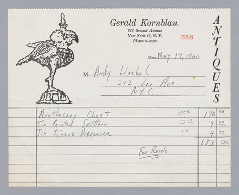 Invoice indicating a $183 balance due, from Gerald Kornblau Antiques to Andy Warhol, dated May 17, 1960 for the purchase of an apothecary chest, a tin painted spittoon, and a tin tissue dispenser.
