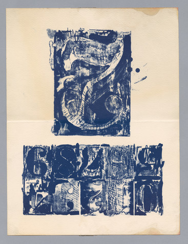 Front of an exhibition announcement for a group exhibition featuring Jasper Johns, Roy Lichtenstein, Robert Rauschenberg, and John Chamberlain dated February 1964, at the Leo Castelli Gallery. The image shows random block numbers printed in blue on yellowing white paper.