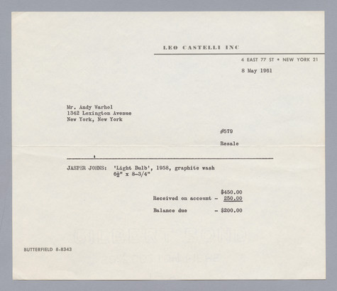 Invoice indicating a $200 balance due, from Leo Castelli Inc. to Andy Warhol, dated May 8, 1961 for the purchase of Jasper Johns’ Light Bulb drawing.