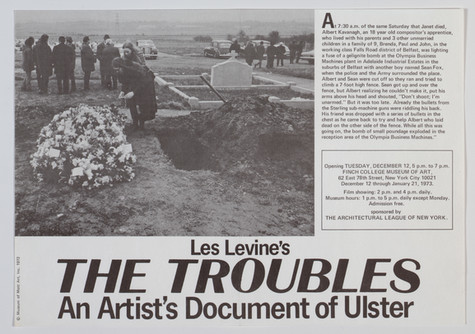 An exhibition announcement with the headline reading “Les Levine’s The Troubles: An Artist's Document of Ulster.” The image depicts a funeral site with two people bending over a bed of flowers on the left and an open grave to the right.