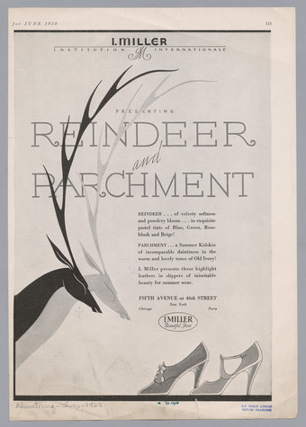 An ad for I. Miller shoes with two stylized reindeer heads with long antlers and two high-heeled shoes, shown from the side.
