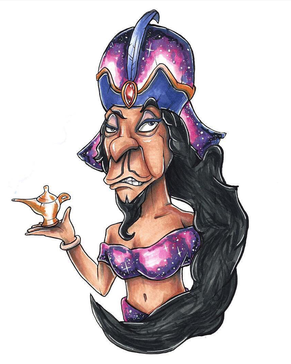 Cartoon of a person with a beard and long, flowing hair in a galaxy patterned turban and crop top.