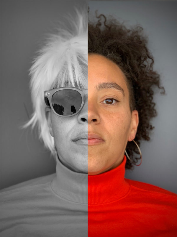 Two photos that were cut down the middle and put together side-by-side. The left half is a black and white photo of a person with short, light colored hair and wearing sunglasses. The right half of the photo is a person with brown hair and hoop earrings.