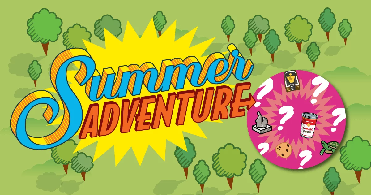 A graphic that says "Summer Adventure" on a green background with trees. There is a pink circle to the right of the image that has question marks and other images in it.