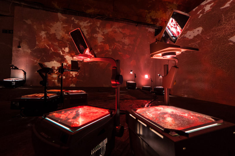 Analog overhead projectors stationed around a room projecting red textures and patterns of blood on the wall, floor, and ceiling.