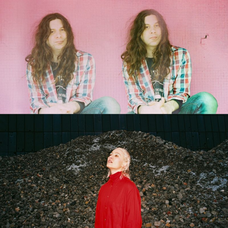 The top photo is of two photos of the same person with long, brown hair, wearing a flannel shirt and jeans, sitting against a pink wall. The bottom photo is a person with blond hair wearing a red shirt standing in front of a black wall with a large mound of rocks in front of it.