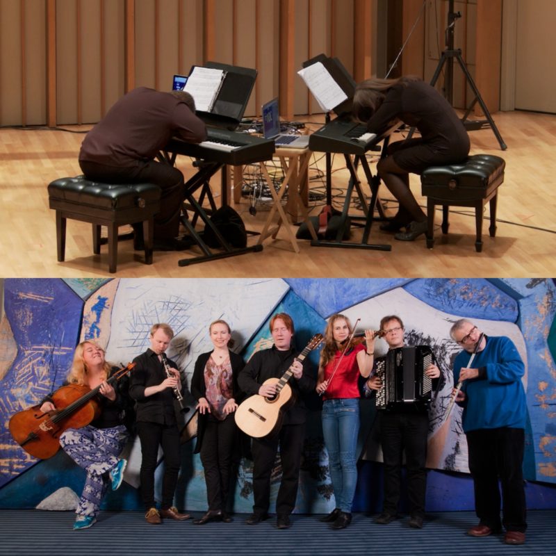Two images. The top image is two people seated in front of electronic pianos while putting their heads down. The bottom image is seven people are standing against a blue mural, each holding a different instrument.