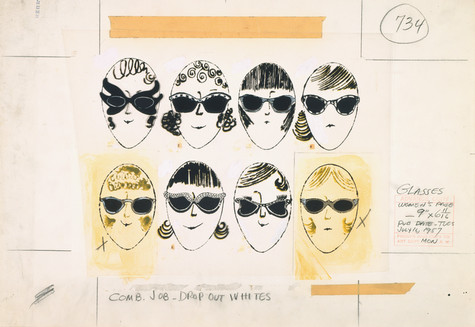A drawing of eight people's faces wearing sunglasses done in black ink on paper.
