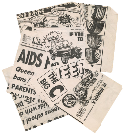 Cutouts of overlapping newspaper advertisements.