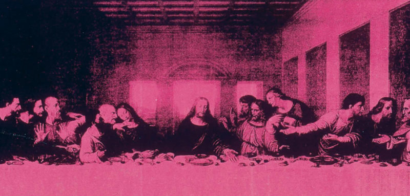 Screen print of two Leonardo da Vinci’s “The Last Supper” side by side in pink and black.