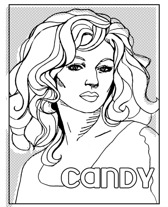 A black outlined drawing of a woman with long hair, staring out at the camera. The name Candy is written in the lower right hand corner.