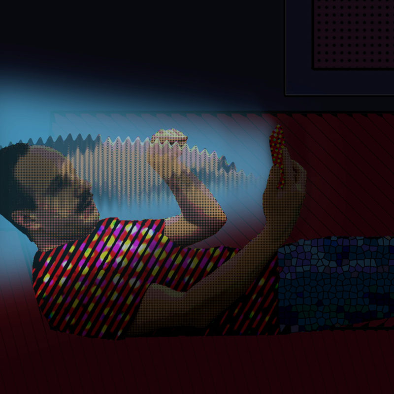 Artwork of a person laying on a flat surface looking at a screen that is in their right hand. The screen seems to be omitting waves in front of their face. They are pointing at the screen with their left hand.