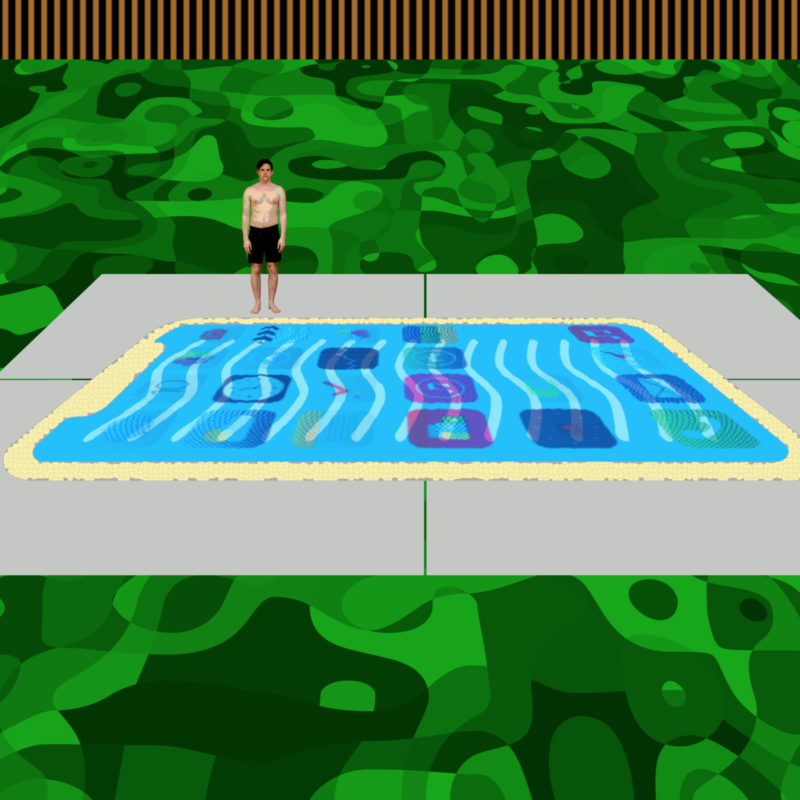 Video still of a person in a virtual world standing next to a giant cell phone that is made to appear like a swimming pool.