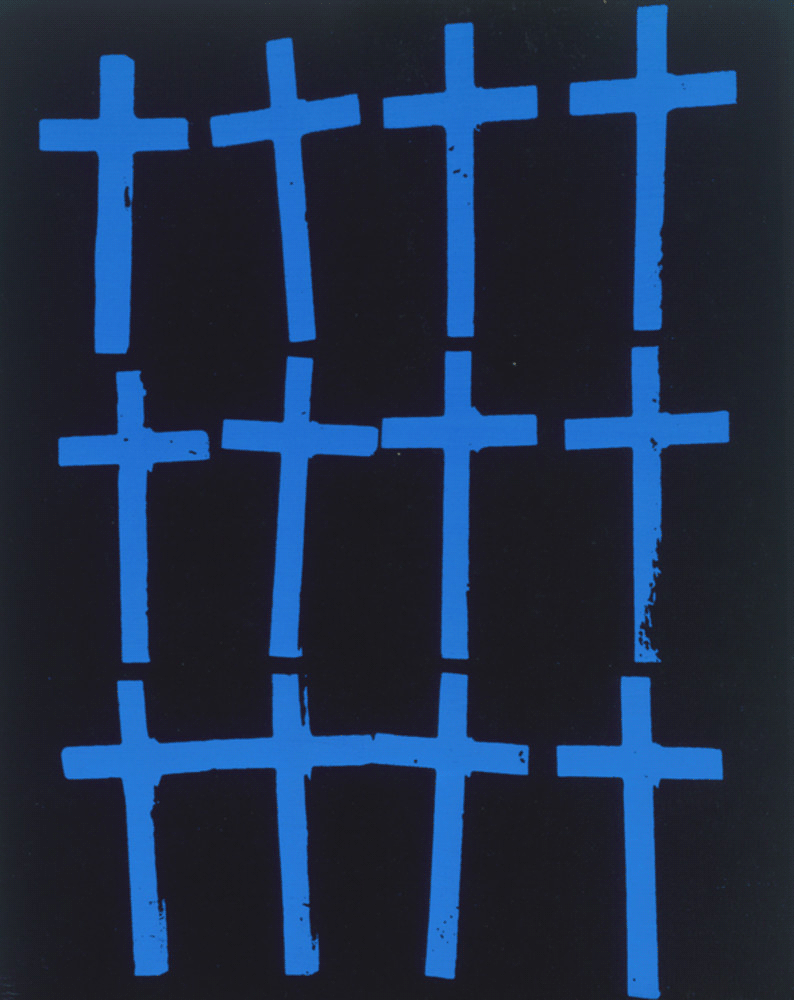 Rows of blue crucifixes painted against a black canvas.