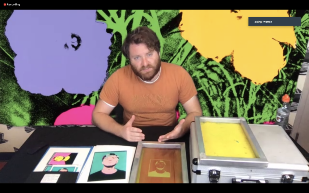 Museum educator in front of silkscreen with Andy Warhol image, with Warhol's Flowers series is in the background.