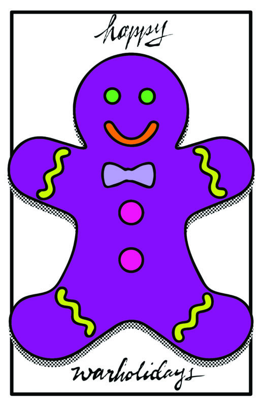 A purple gingerbread with the words Happy Warholidays