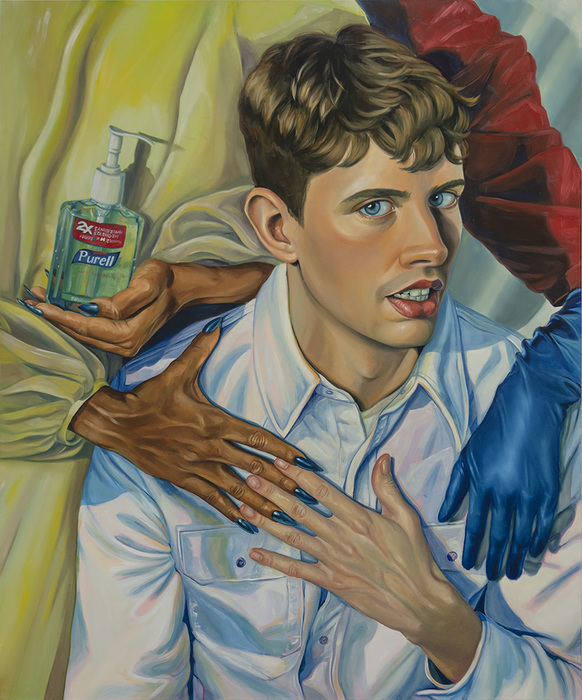 A painting of a man wearing a white shirt and looking at the viewer. His hand is on his chest, his light-skinned fingers interlocking with the darker-skinned fingers of a figure behind him who is wearing a yellow outfit and holding a bottle of Purell brand hand sanitizer in the other hand. The arm of one additional person wearing a red outfit pokes out from behind the other two, their blue-gloved hand draped over the man's other shoulder.