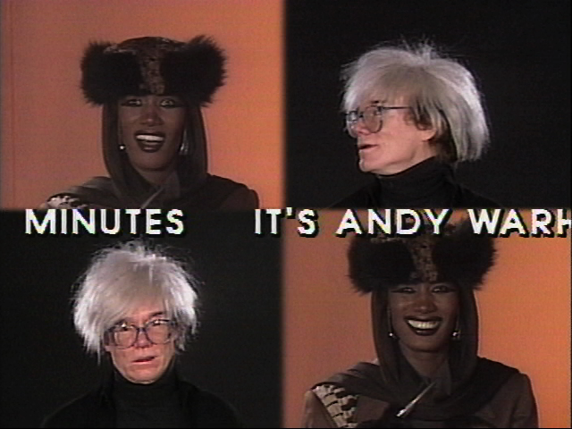 Video still from intro sequence to Andy Warhol's Fifteen minutes, with alternating images of Andy Warhol and Grace Jones underneath the show's title