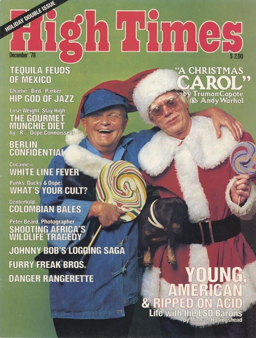 Andy Warhol, dressed as Santa Claus, with author Truman Capote on the cover of the December 1978 issue of High Times magazine