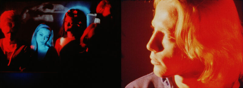 Two images side-by-side; a red closeup of a man with long hair on the left, looking towards the right; on the right a group of people illuminated by red and blue spotlights