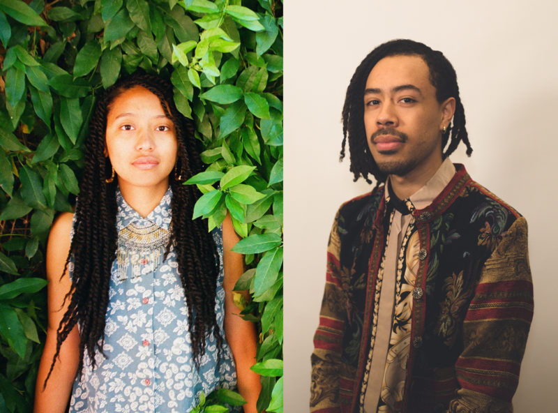 Two separate portrait photographs of different people stand side by side, each taking up half of the image. On the left side, a Black Mexican American woman wears a patterned powder blue button-down shirt. Her dark hair is waist length, and she stands in front of a background of lush green plants as she faces the camera head-on. On the right side of the image, an AfroZapotec person stands at three quarters view in front of a white wall. They are wearing an off-white collared shirt underneath a heavier sweater of deep, rich reds, blues, and yellows.