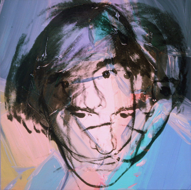 A vibrant multi-colored background contains broad strokes of gold, baby blue, pink, and purple. They cross each other and mix almost randomly, creating a chaotic atmosphere. On top of the background are three different black silkscreen prints of Andy Warhol, overlaying each other and contributing to the jumbled effect of the composition. In two of the poses, Andy stares off to the side or down, but in one he stares directly at the viewer.