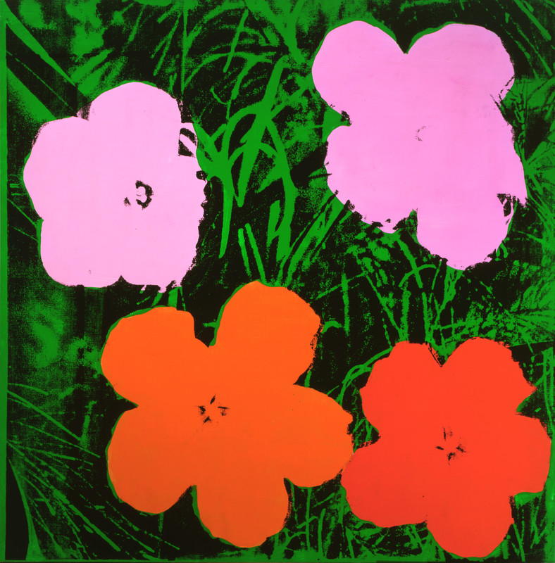 A square painting depicting four flowers. Each flower is painted with a flat field of vibrant color rather than a detailed, realistic rendering that creates differentiation between the petals and pistils. The flowers are portrayed in bright pink, orange, and red tones, and in the center of each a cluster of black shading suggests a pistil. The grass and stems in the background are rendered in deep green and black.